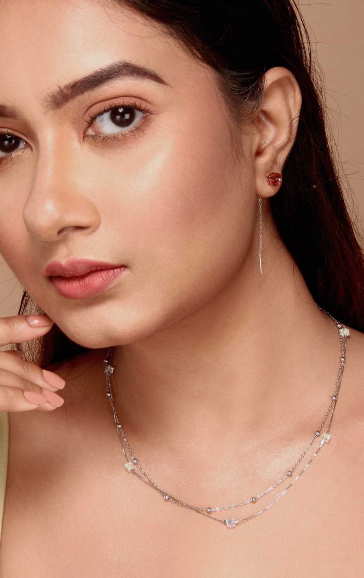 Silver Beaded Dual Chain Necklace