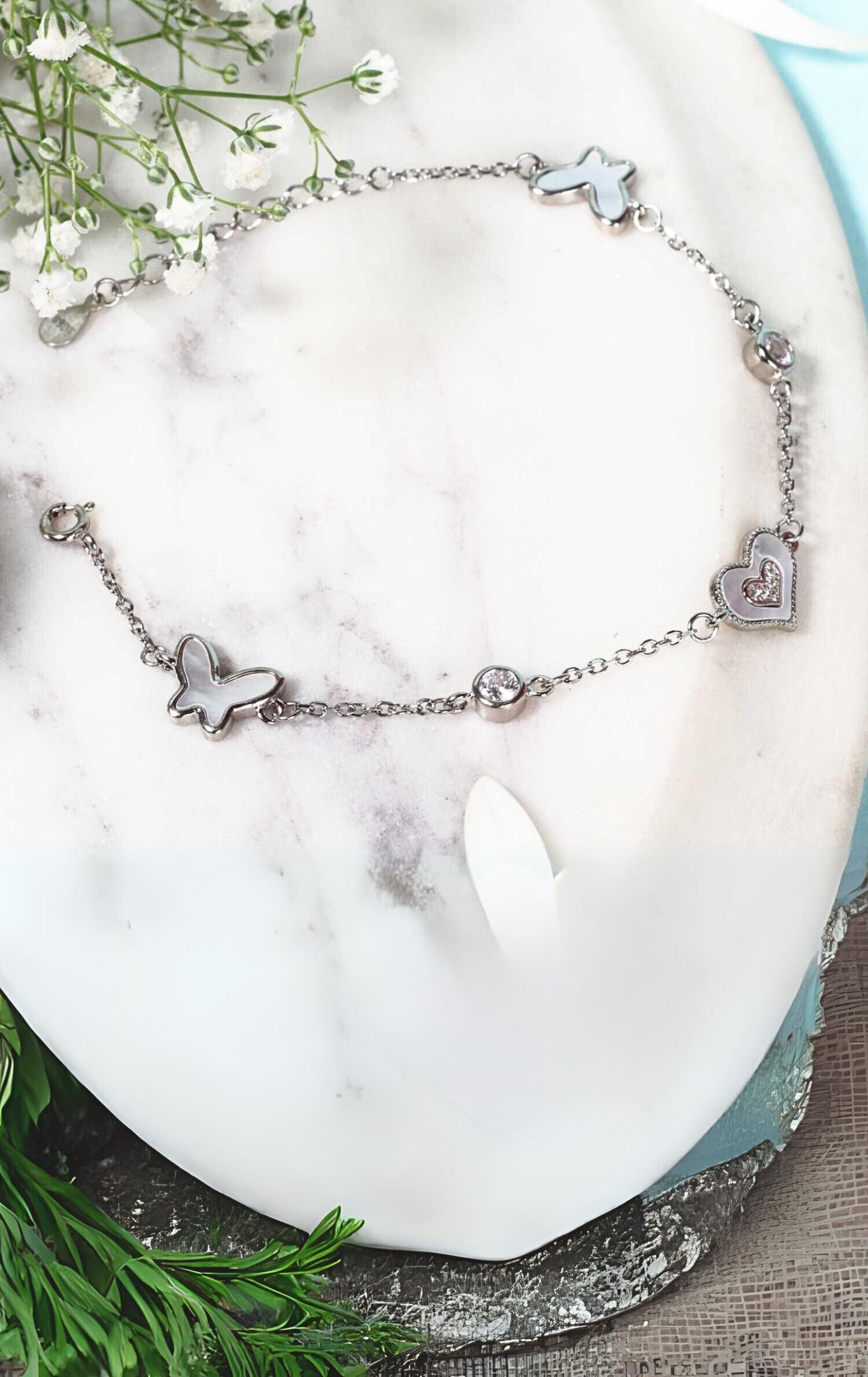 Silver Butterfly Heart Zircon MOP Bracelet