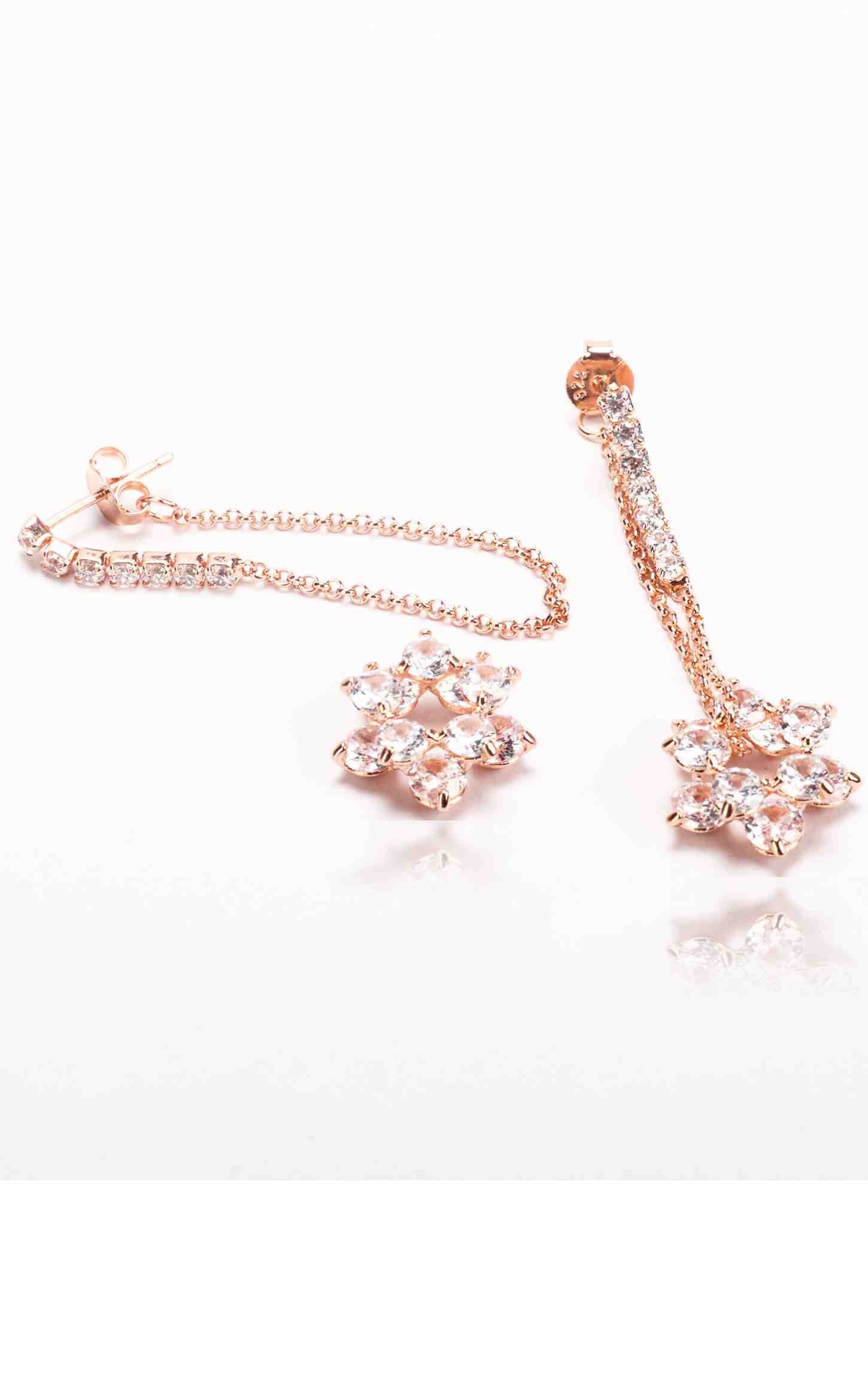 Rose Gold Earring With White Zircon Flower Tied With Chain