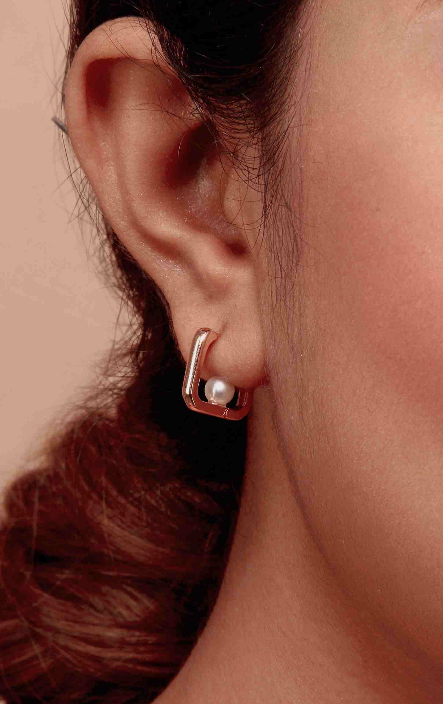Pearl In A Square Hooping Rose Gold Earring