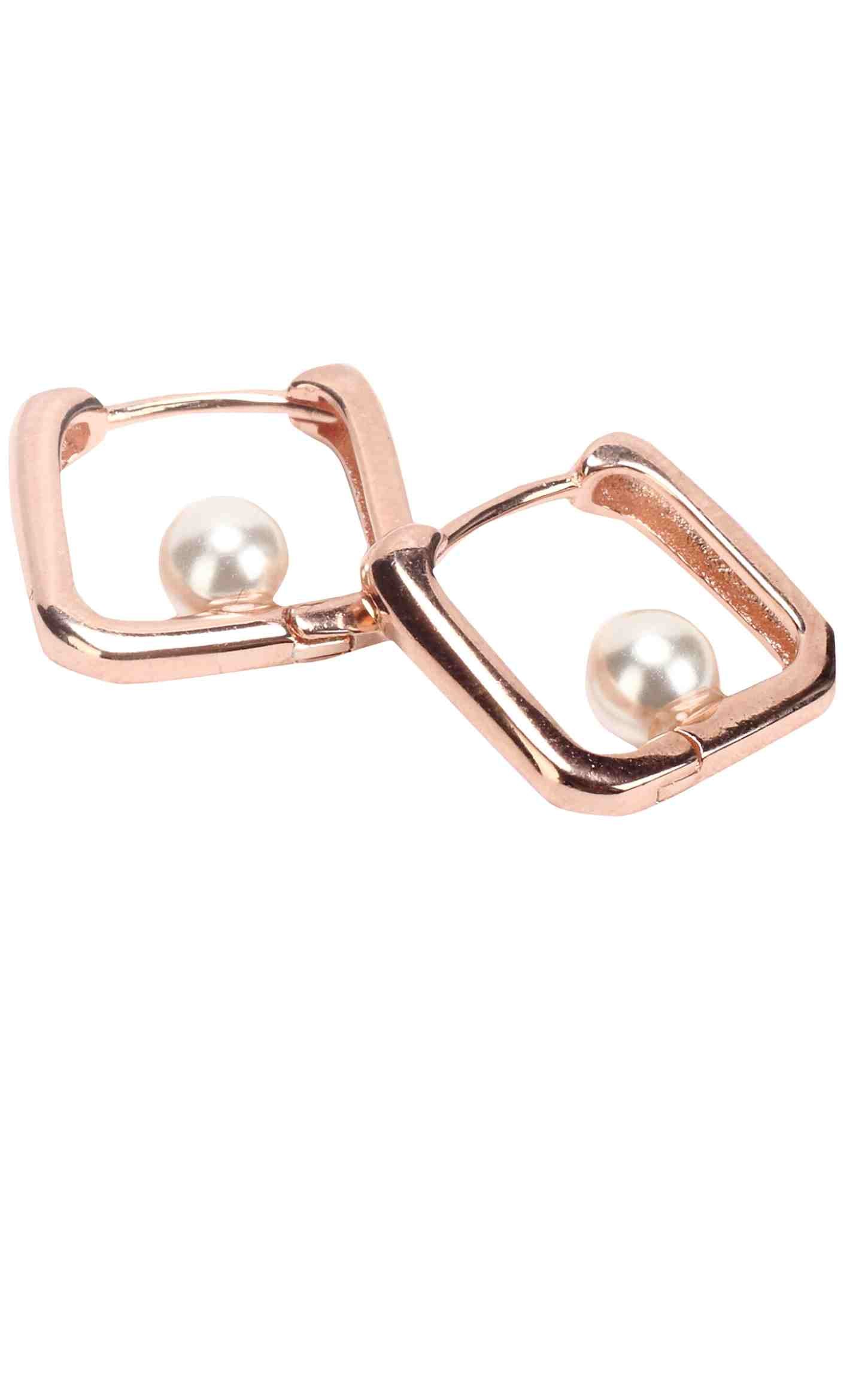 Pearl In A Square Hooping Rose Gold Earring