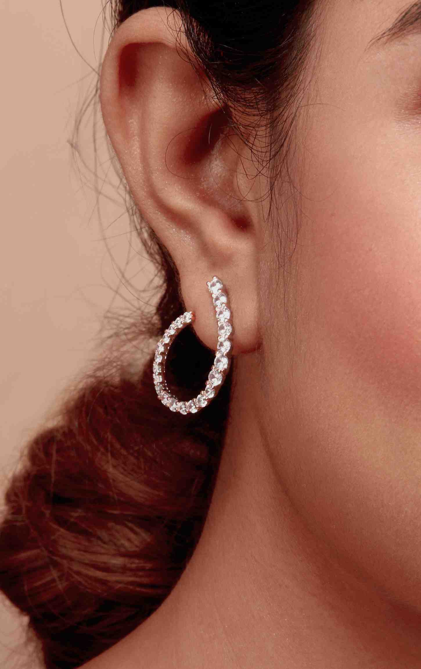 White Swarovski Zircon Embedded Rose Gold Elliptical Earring