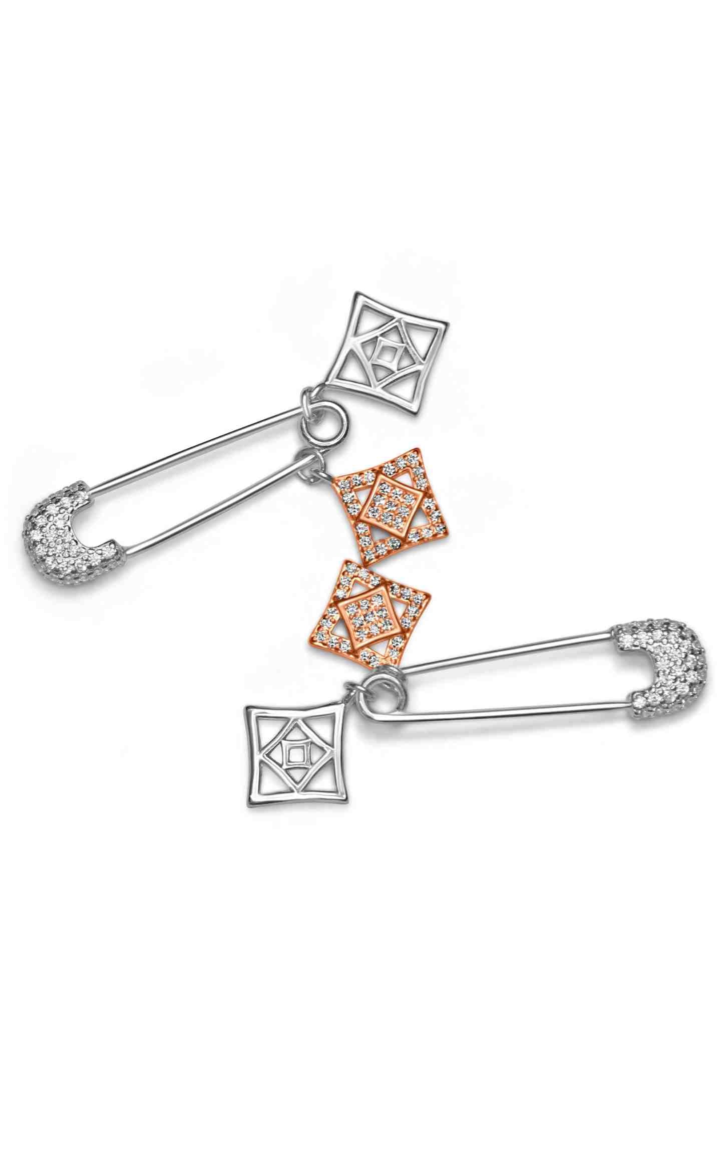 Zircon Safety-Pin Earring With Square Chams Silver