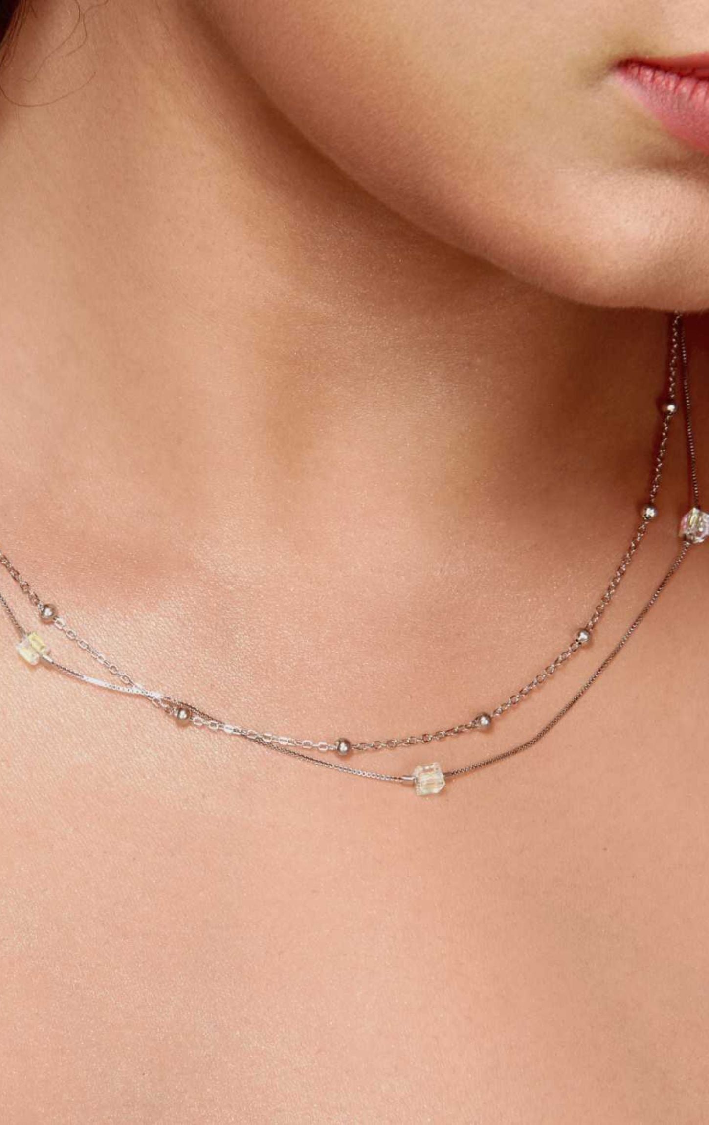 Silver Beaded Dual Chain Necklace
