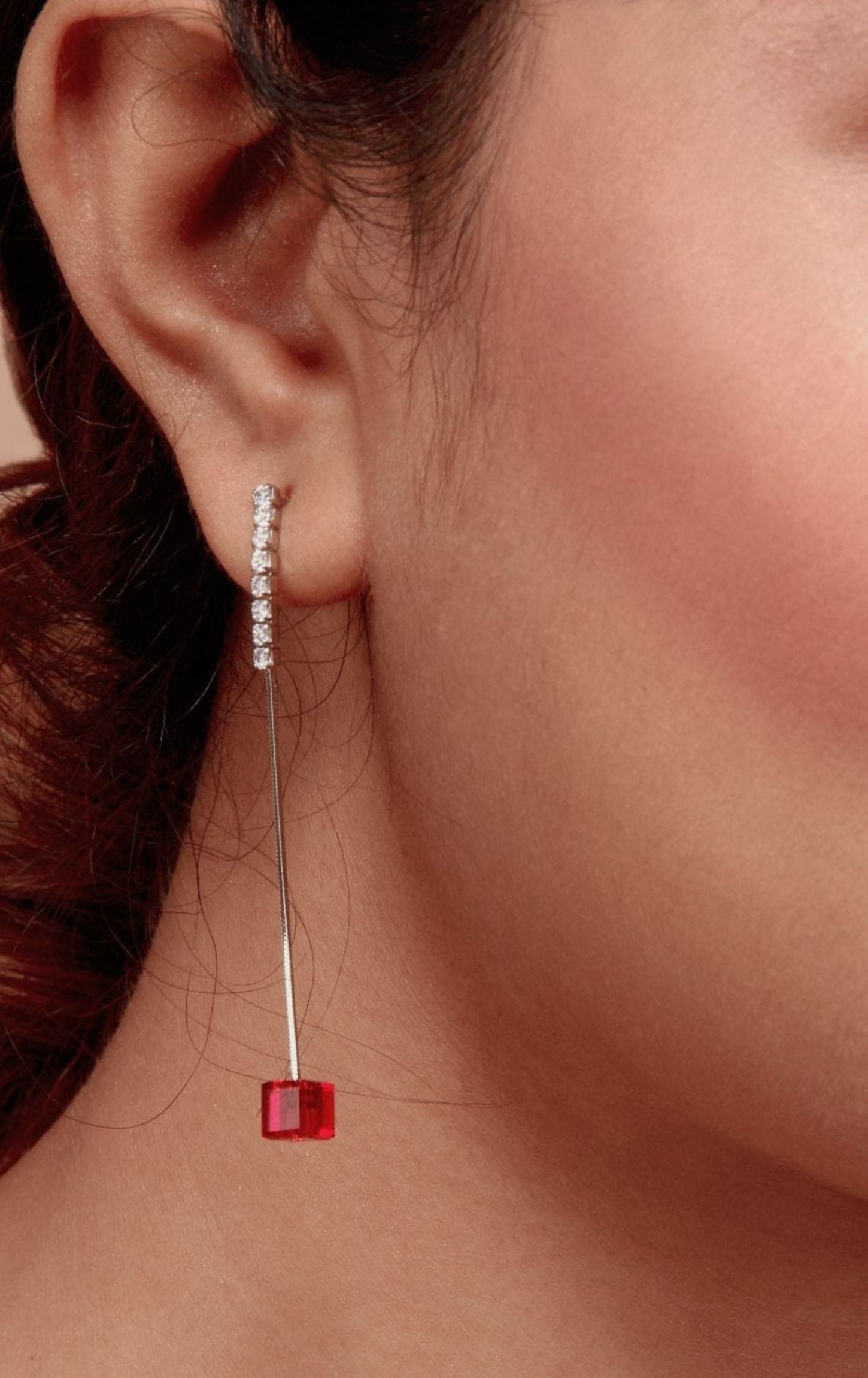 Dropping Red Cube Earring Silver