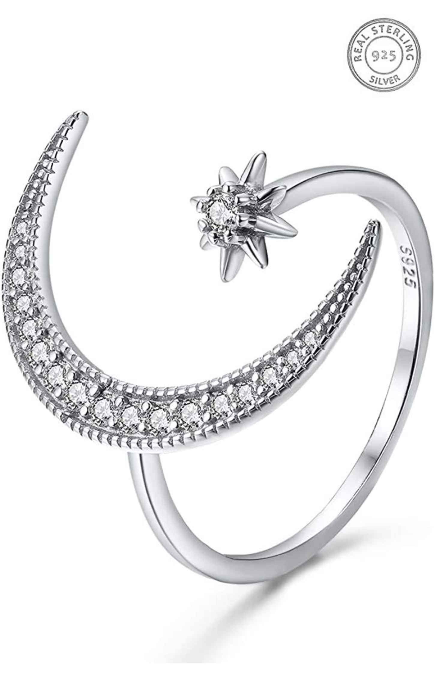 925 Sterling Silver Moon And Star Ring Embedded With Zircon